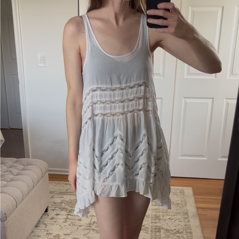 Free People Trapeze Dress White With Gray Swiss Dots Size XS
